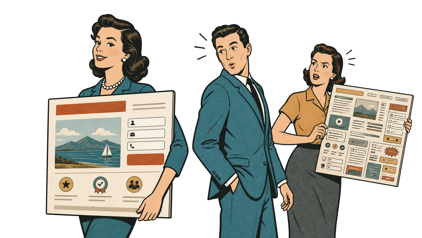 Mid-century illustration: a woman proudly holding a clean focused AdPage, a man in the middle realising the difference, and a woman on the right holding a busy cluttered homepage.