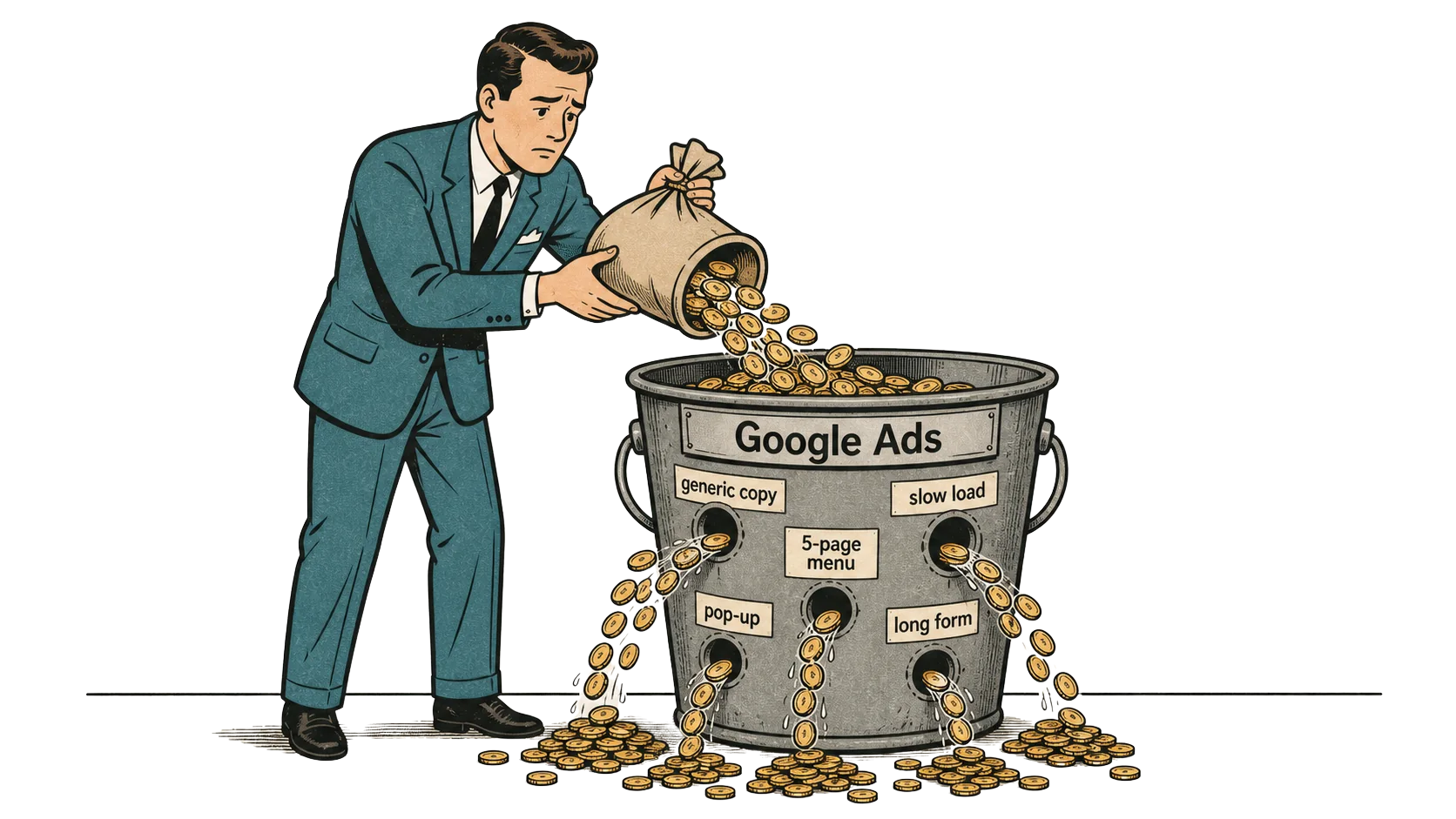 A man in a suit pouring a sack of coins into a bucket riddled with holes labelled Google Ads — generic copy, slow load, 5-page menu, pop-up, long form — with the coins spilling out across the floor.