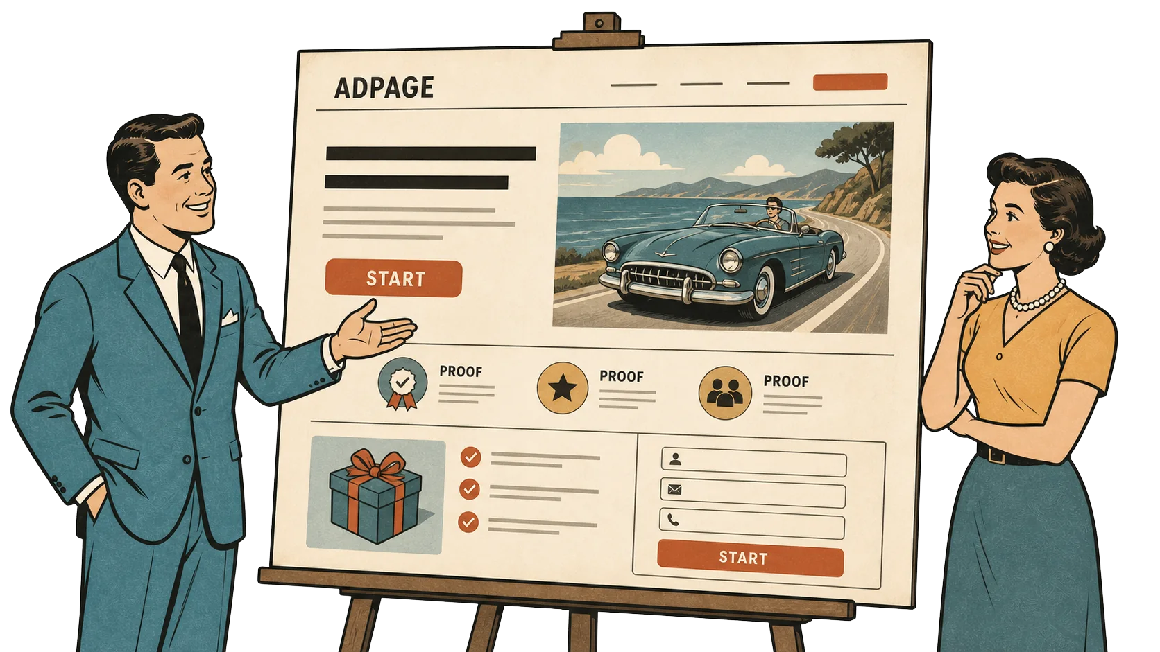 Illustration of a finished AdPage on a presentation easel: hero image, single START call-to-action, three proof badges, a featured offer, and an enquiry form.