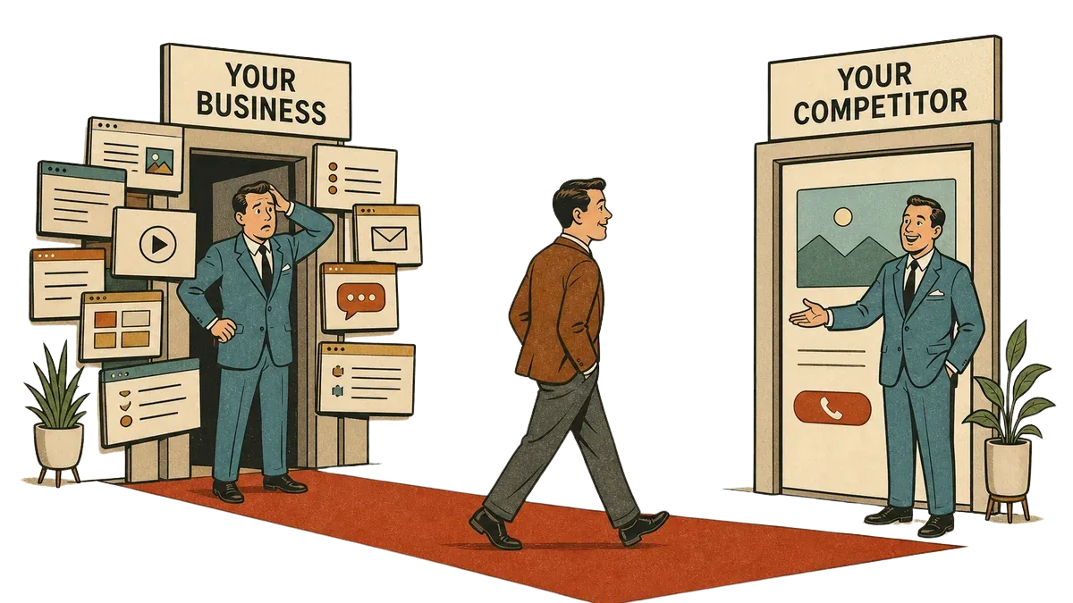 Mid-century illustration of a customer leaving your business and walking to a competitor.